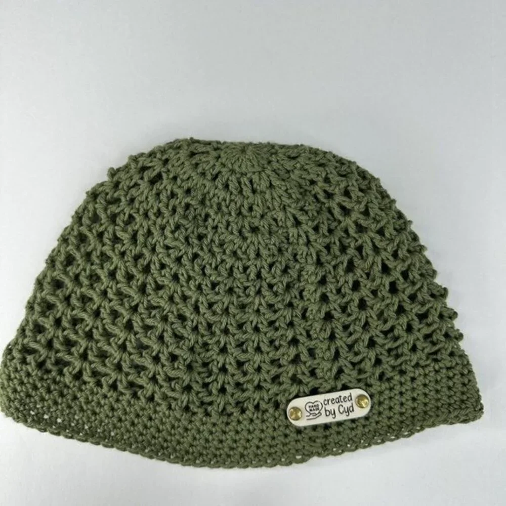 Created by Cyd Juliet Olive Green Crochet Cap Beanie Open Weave Handmade‎ NEW